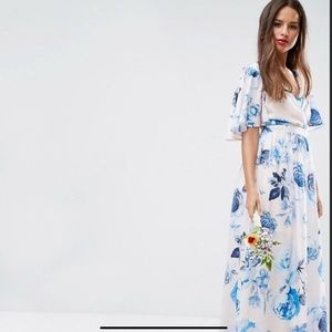 ASOS WEDDING Floral Flutter Sleeve Maxi Dress